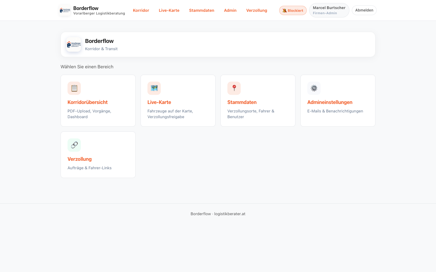 Borderflow Portal – Bereichsauswahl